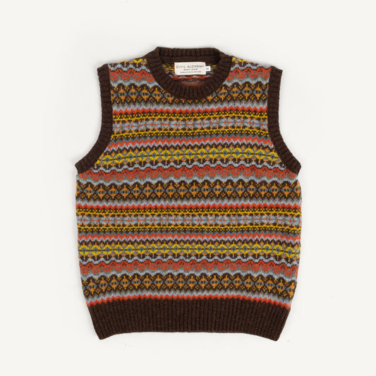 Shetland Fair Isle Crewneck Vest - Marron