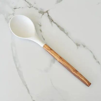Silicone Round Spoon (White) with Olive Wood Handle - 12"