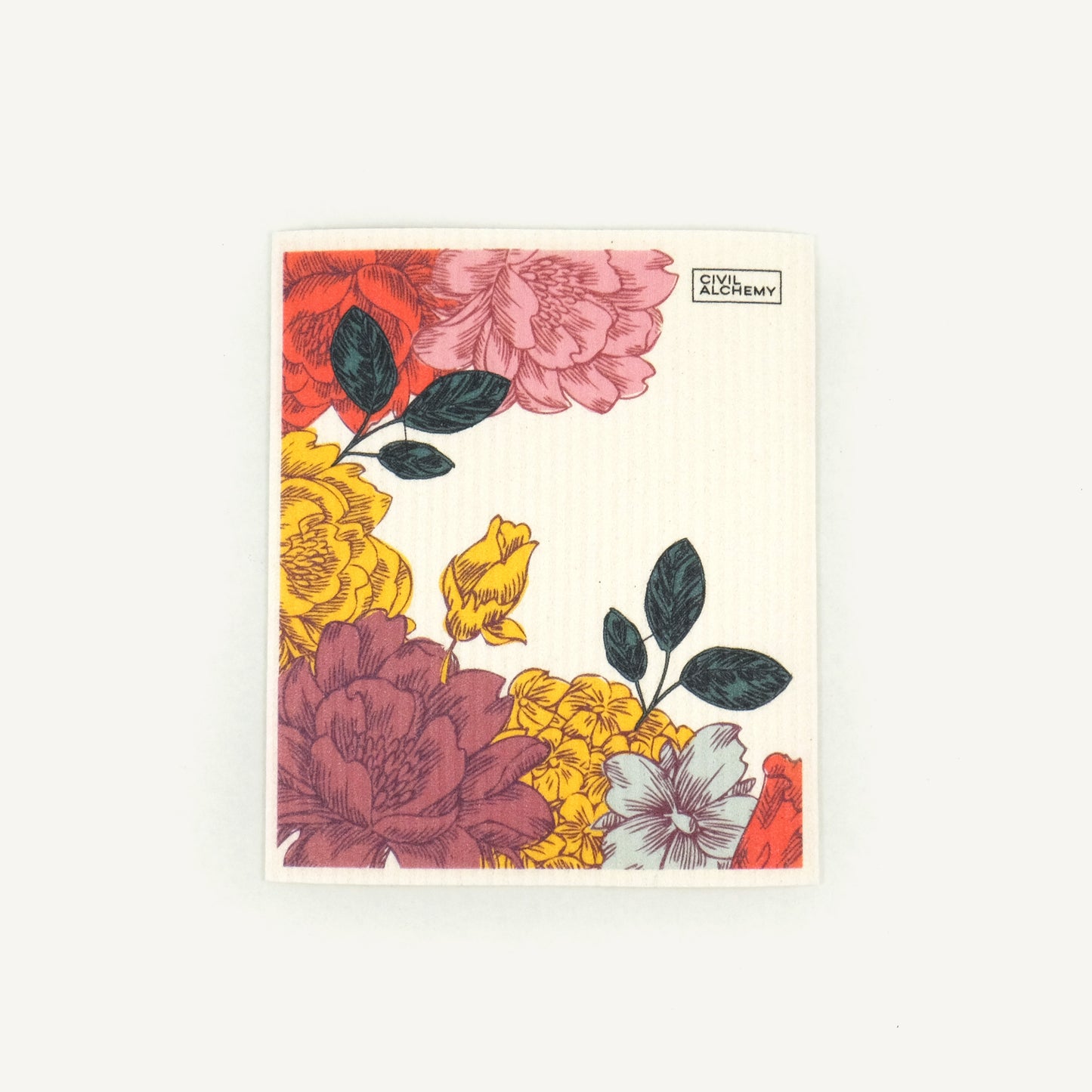 Floral design Swedish dishcloth with red, yellow, and pink flowers on a white background