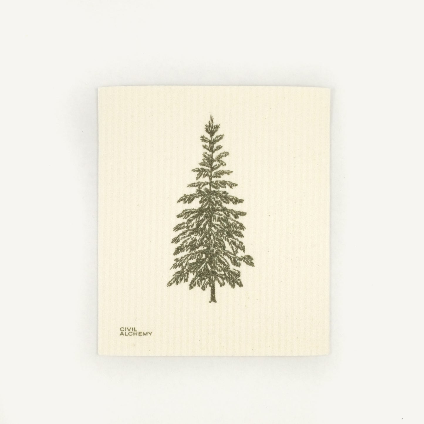 Beige Swedish dishcloth with a green tree illustration on a white background
