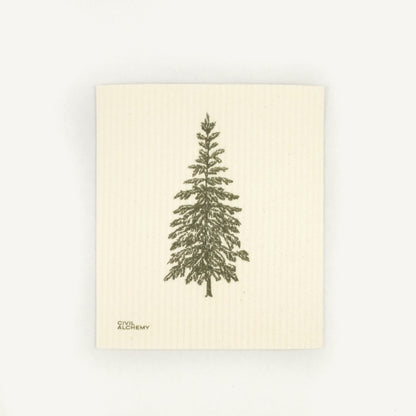 Beige Swedish dishcloth with a green tree illustration on a white background