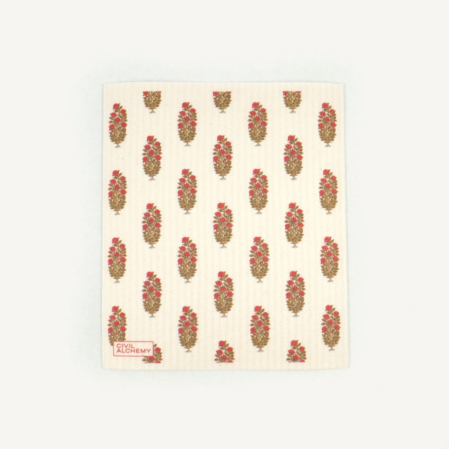 Patterned Swedish dishcloth with floral design on a white background