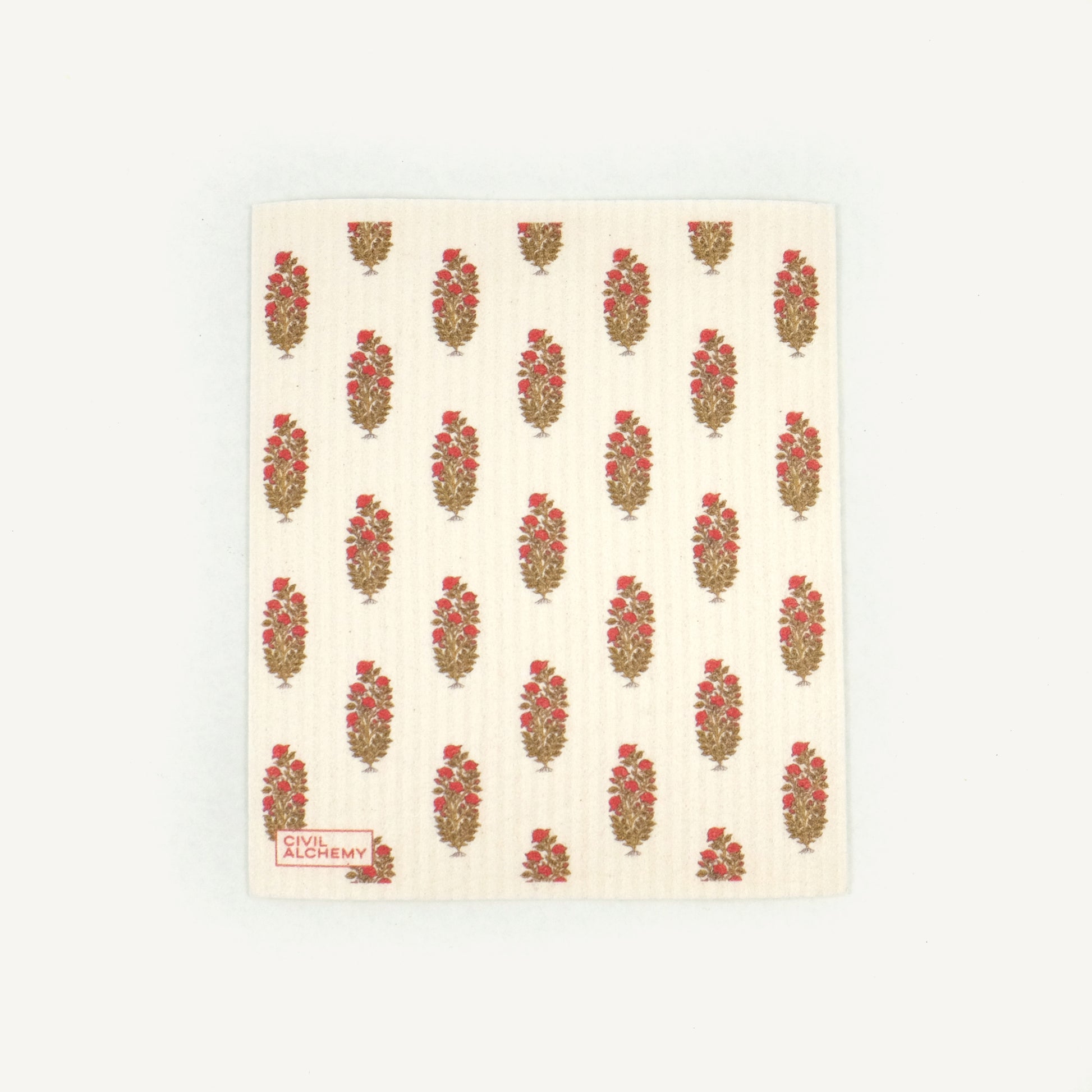 Patterned Swedish dishcloth with floral design on a white background