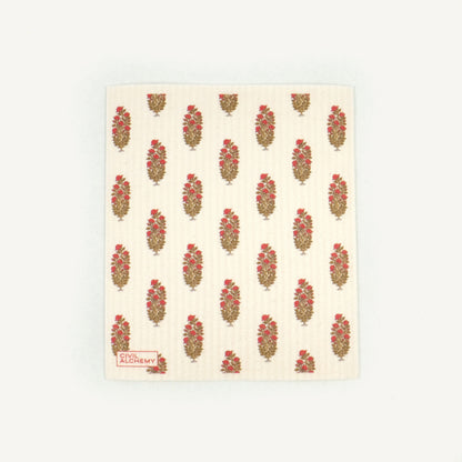 Patterned Swedish dishcloth with floral design on a white background
