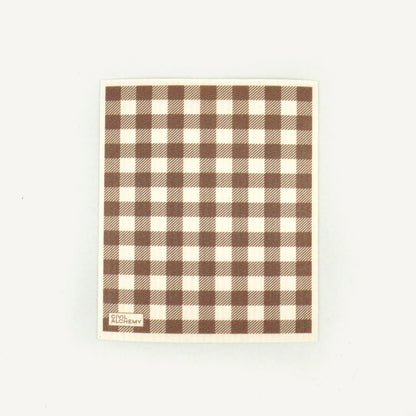 Brown gingham patterned Swedish dishcloth on a white background