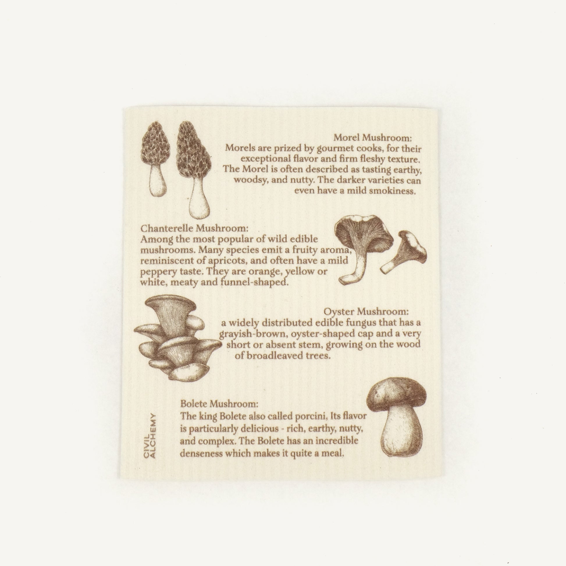 Educational Swedish dishcloth about different types of mushrooms with illustrations and text on a beige background