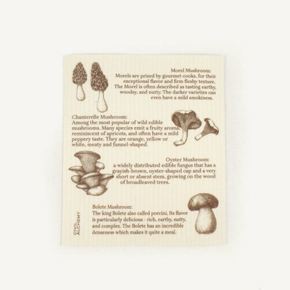 Educational Swedish dishcloth about different types of mushrooms with illustrations and text on a beige background