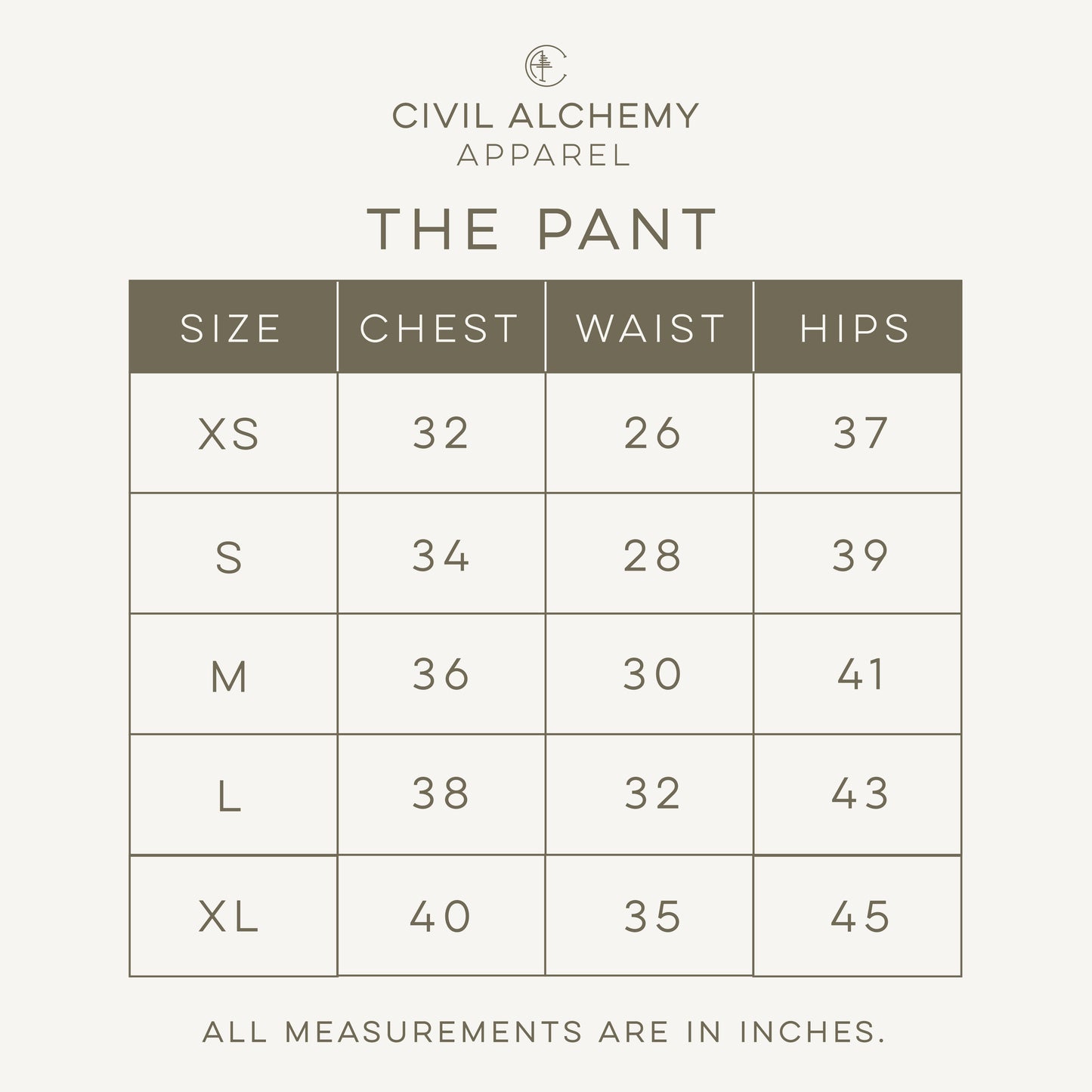 Size chart for 'The Pant' by Civil Alchemy Apparel with measurements in inches.