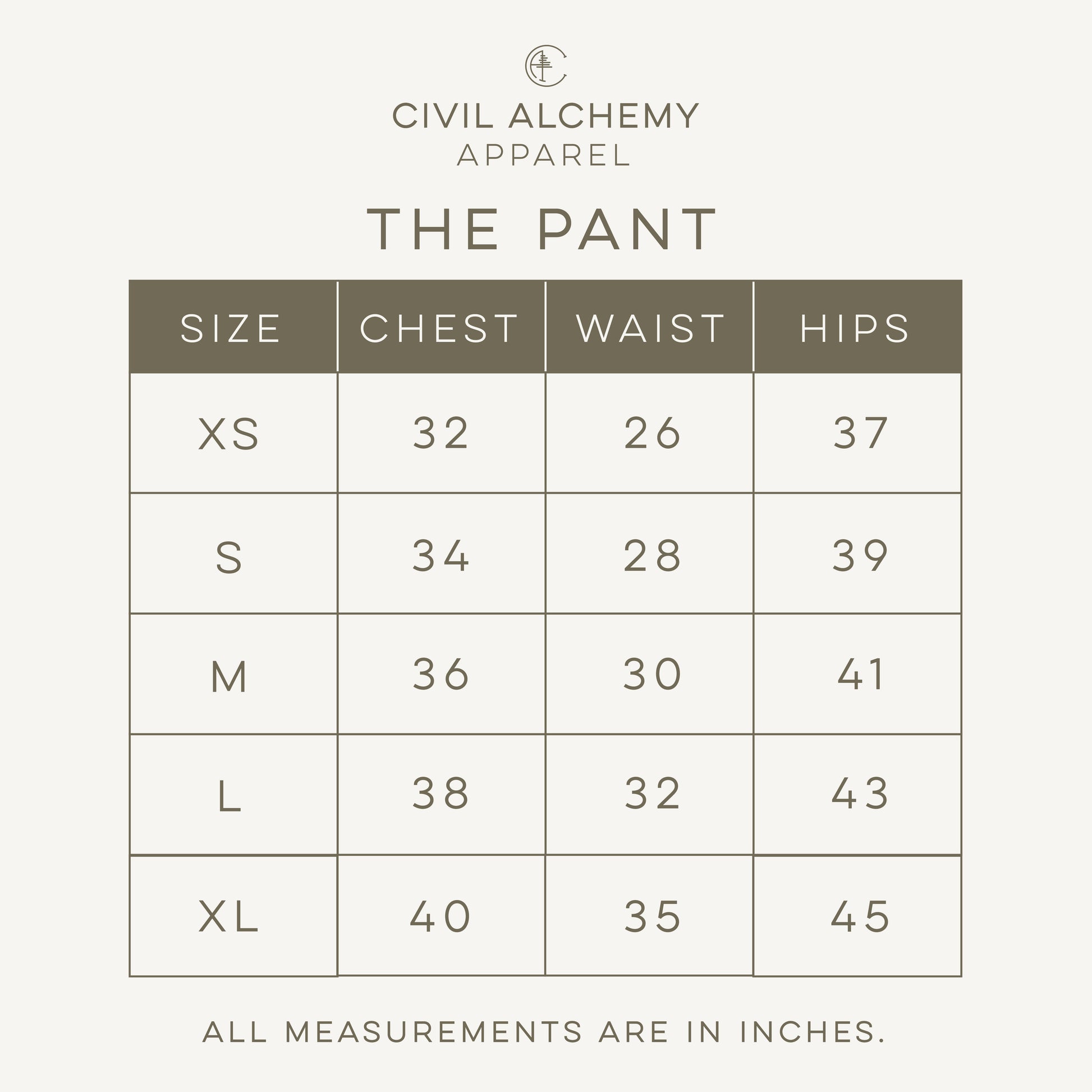 Size chart for 'The Pant' by Civil Alchemy Apparel with measurements in inches.