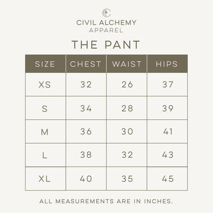 Size chart for 'The Pant' by Civil Alchemy Apparel with measurements in inches.