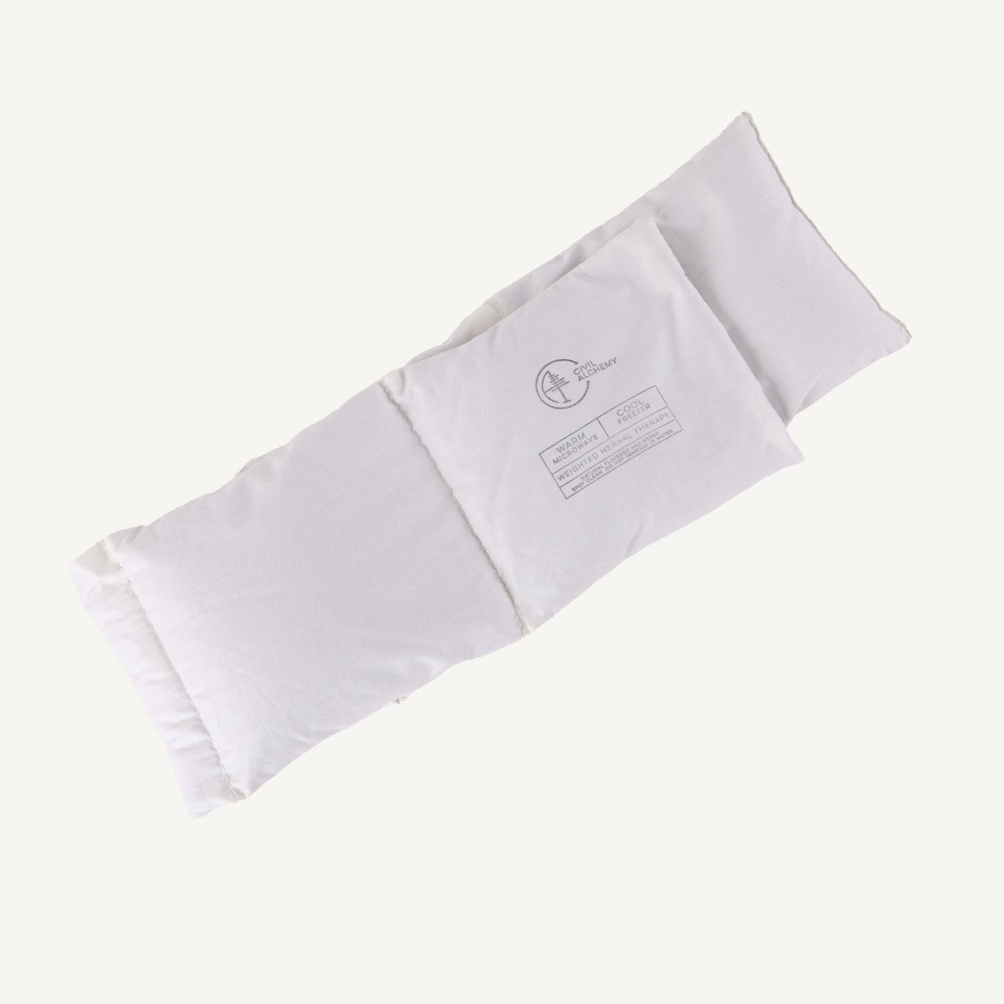 White fabric pouch with a logo on a white background