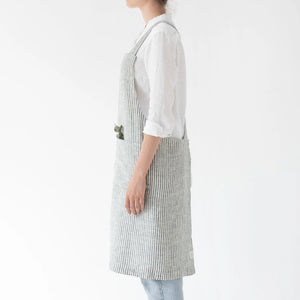 Linen Crossback Apron - Thin Black Stripes