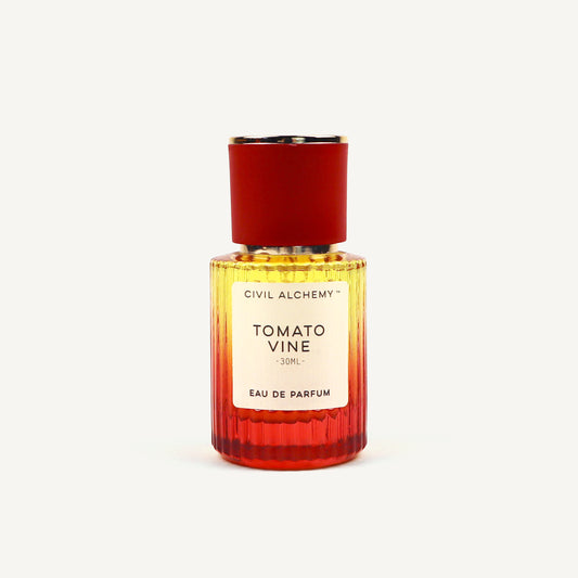 Perfume bottle labeled 'Tomato Vine' by Civil Alchemy on a white background