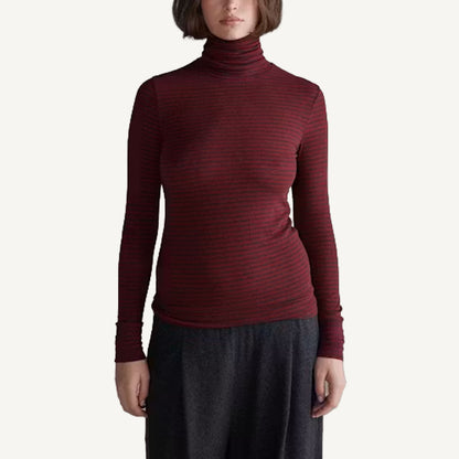 Wool Blend Lightweight Stripe Turtleneck - Red/Grey