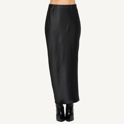 Silky Satin Maxi Skirt With Slit - Black