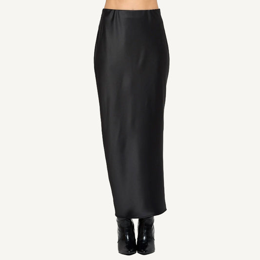 Silky Satin Maxi Skirt With Slit - Black