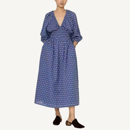 Gathered Plunge Dress - Embroidered Butti Print