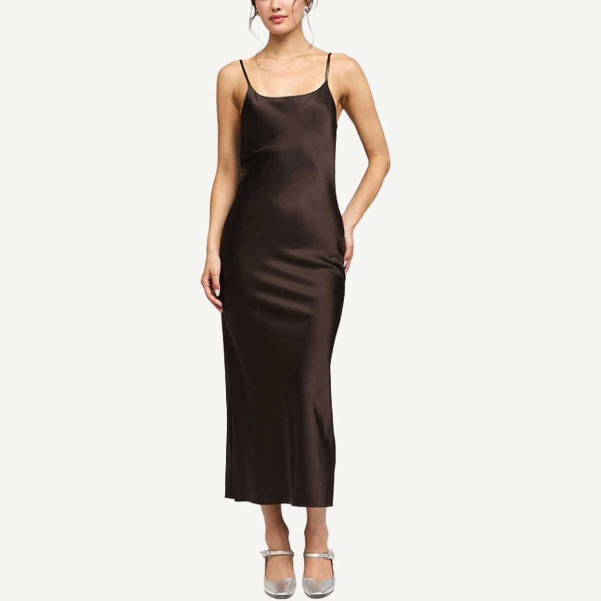 Silk Cami Midi Dress - Brown