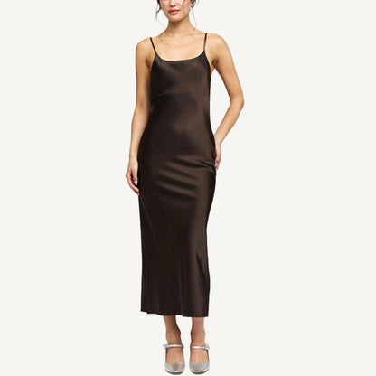 Silk Cami Midi Dress - Brown
