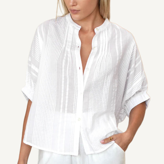 Mandarin Collar Top - Cloud Seersucker
