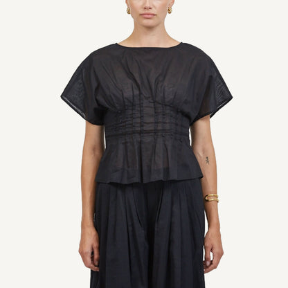 Linen Round Blouse - Black