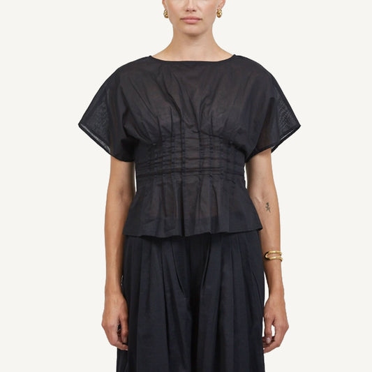 Linen Round Blouse - Black