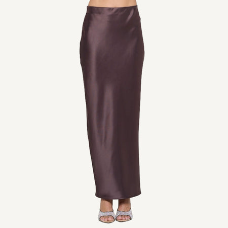Silky Satin Maxi Skirt With Slit - Brown