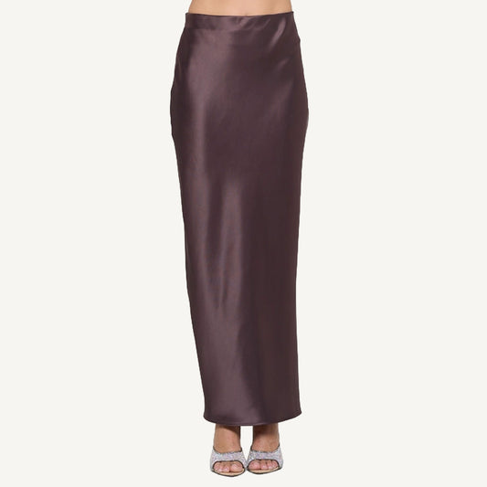 Silky Satin Maxi Skirt With Slit - Brown