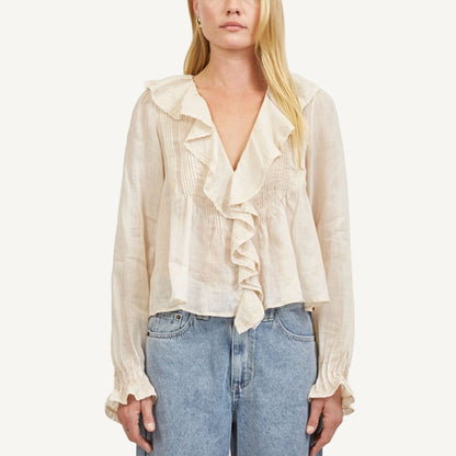 Linen V-Neck Blouse - Natural