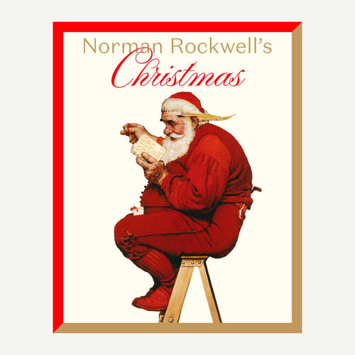 Vintage-style Christmas card with Santa Claus holding a list, framed by 'Norman Rockwell's Christmas' text.