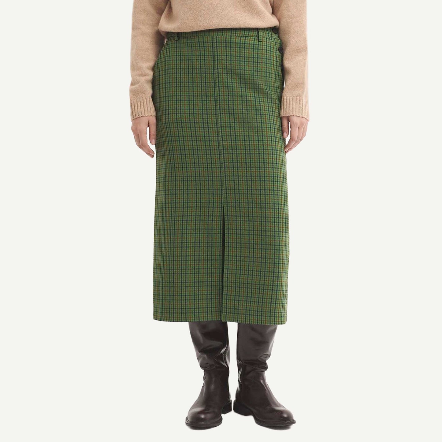 Wrinkled Effect Check Skirt - Khaki