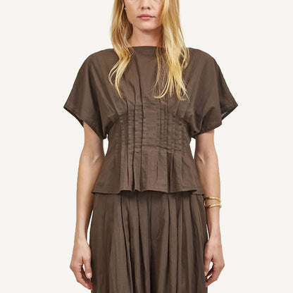 Woven Round Blouse - Chocolate Brown