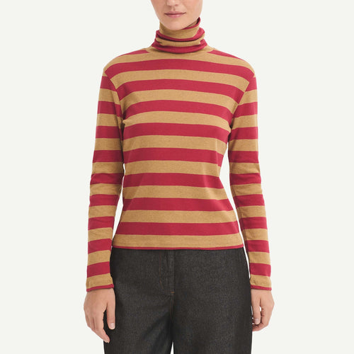 Melange Striped High Neck Tee Shirt - Intense Red