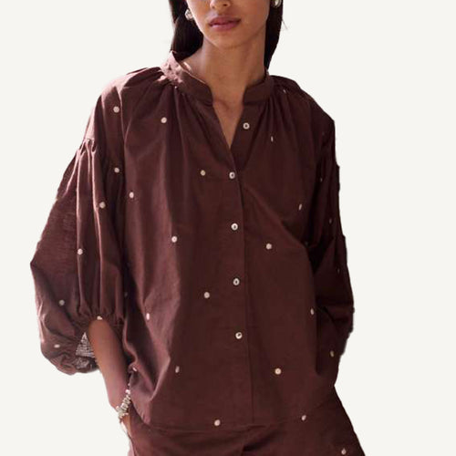 Polka Dot Embroidered Blouse - Chocolate