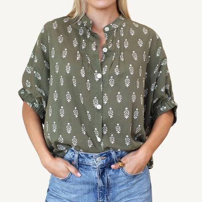 Mandarin Collar Top - Olive