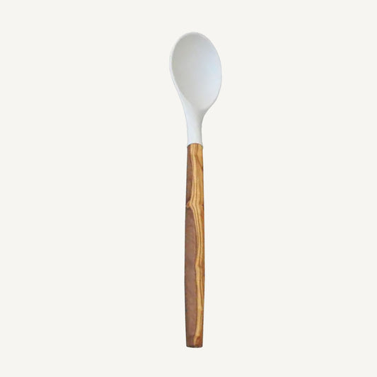 Silicone Round Spoon (White) with Olive Wood Handle - 12"
