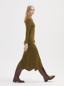 Open Work Dress with Slits - Khaki