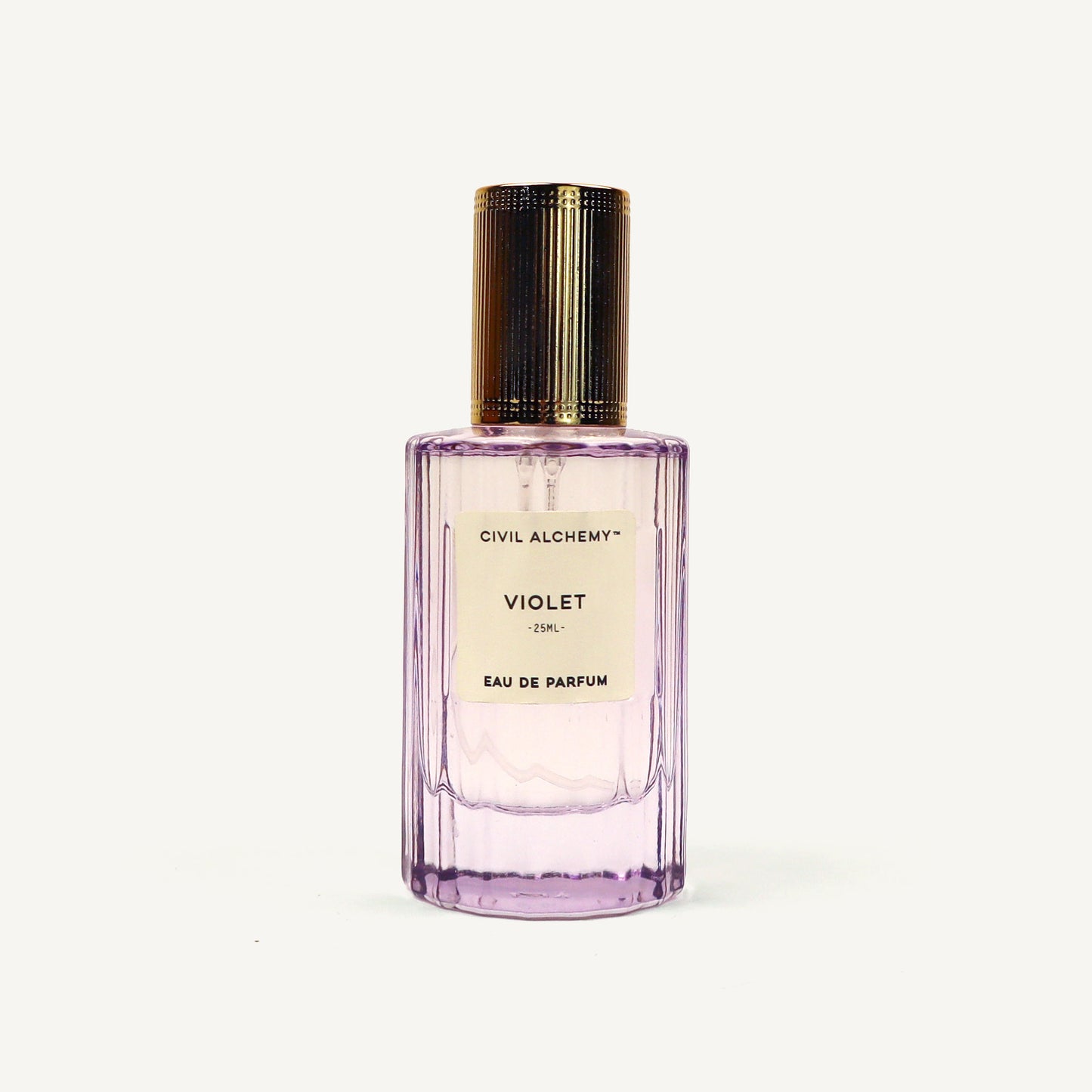 Purple perfume bottle with gold cap on a white background