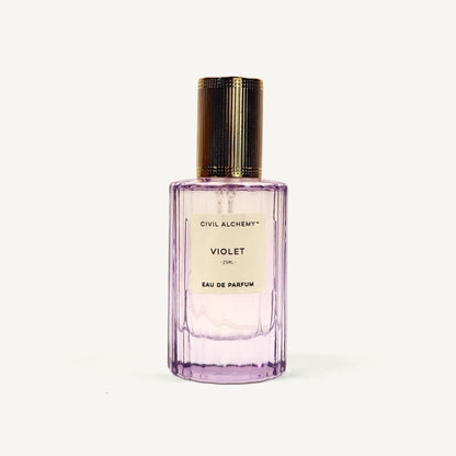 Purple perfume bottle with gold cap on a white background