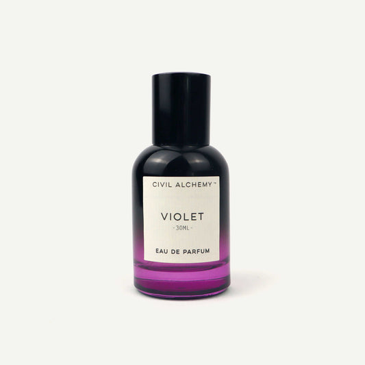 Bottle of Civil Alchemy Violet Eau de Parfum on a white background