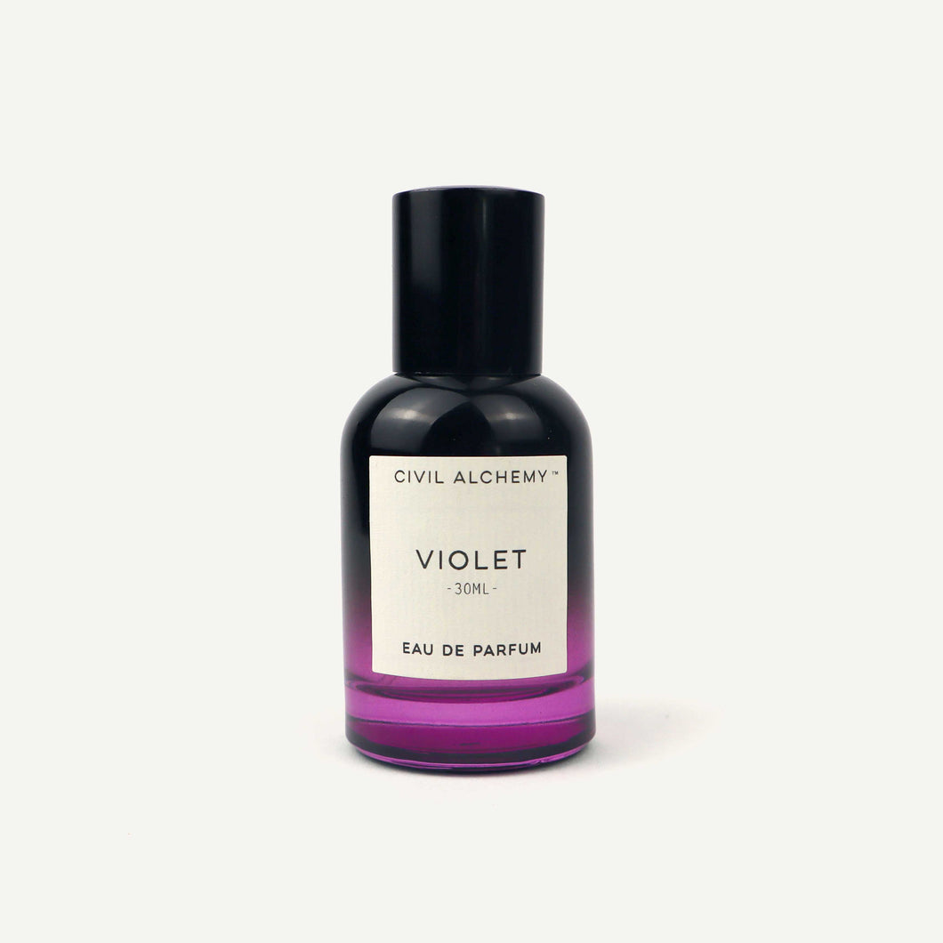 Bottle of Civil Alchemy Violet Eau de Parfum on a white background