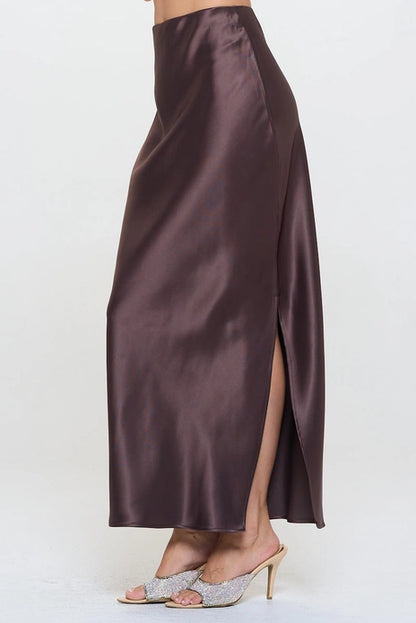 Silky Satin Maxi Skirt With Slit - Brown