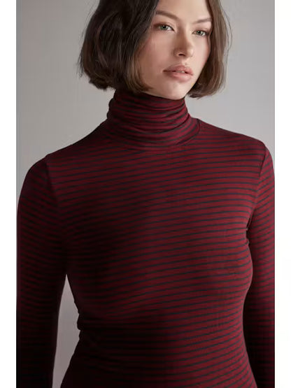 Wool Blend Lightweight Stripe Turtleneck - Red/Grey