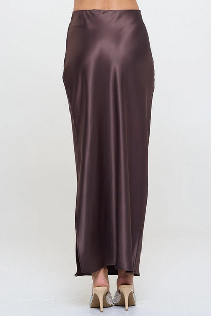 Silky Satin Maxi Skirt With Slit - Brown