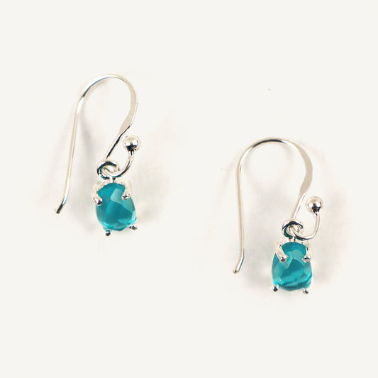Pair of silver earrings with blue gemstones on a white background