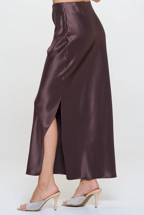 Silky Satin Maxi Skirt With Slit - Brown