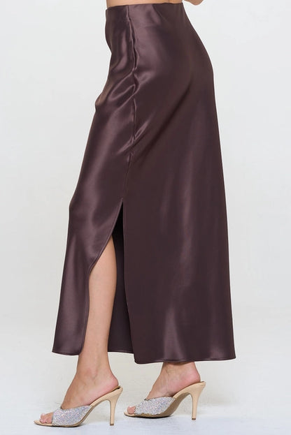 Silky Satin Maxi Skirt With Slit - Brown