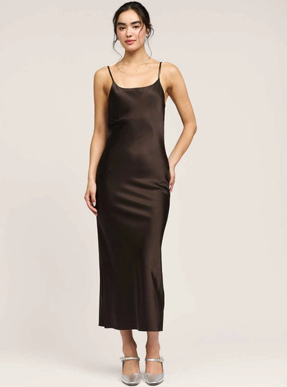 Silk Cami Midi Dress - Brown
