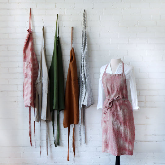 Linen Daily Apron - Red Natural Stripes