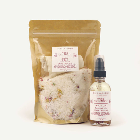 Bath soak and body oil set from Civil Alchemy on a white background